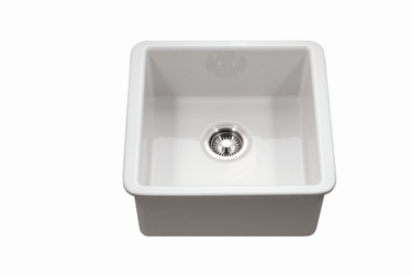Houzer Platus 20 inch White Fireclay Undermount Square Single Bowl Bar Sink with Basket Strainer and Basin Grid Included